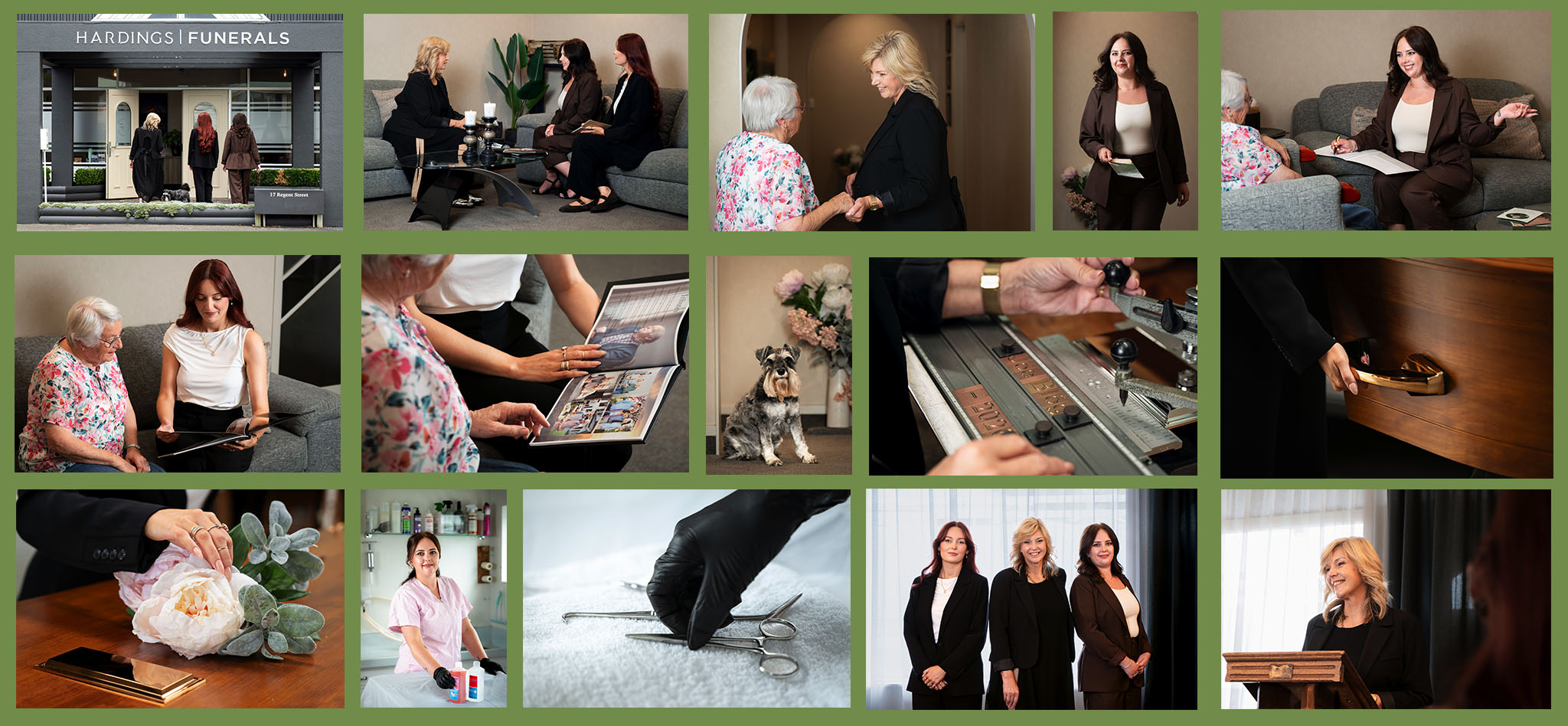 Grid of images from Hardings Funeral Directors - supporting people, looking at books, and helping with funeral arrangements